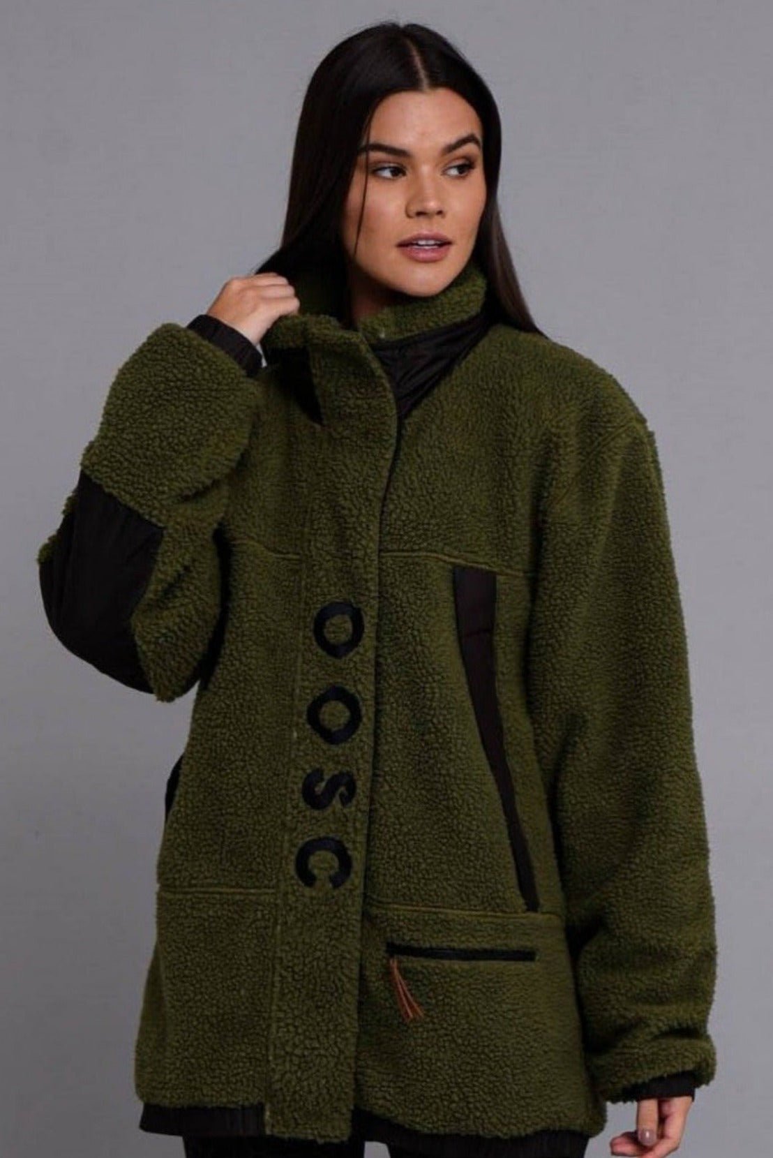 Sherpa Fleece Jacket Khaki Black Women s