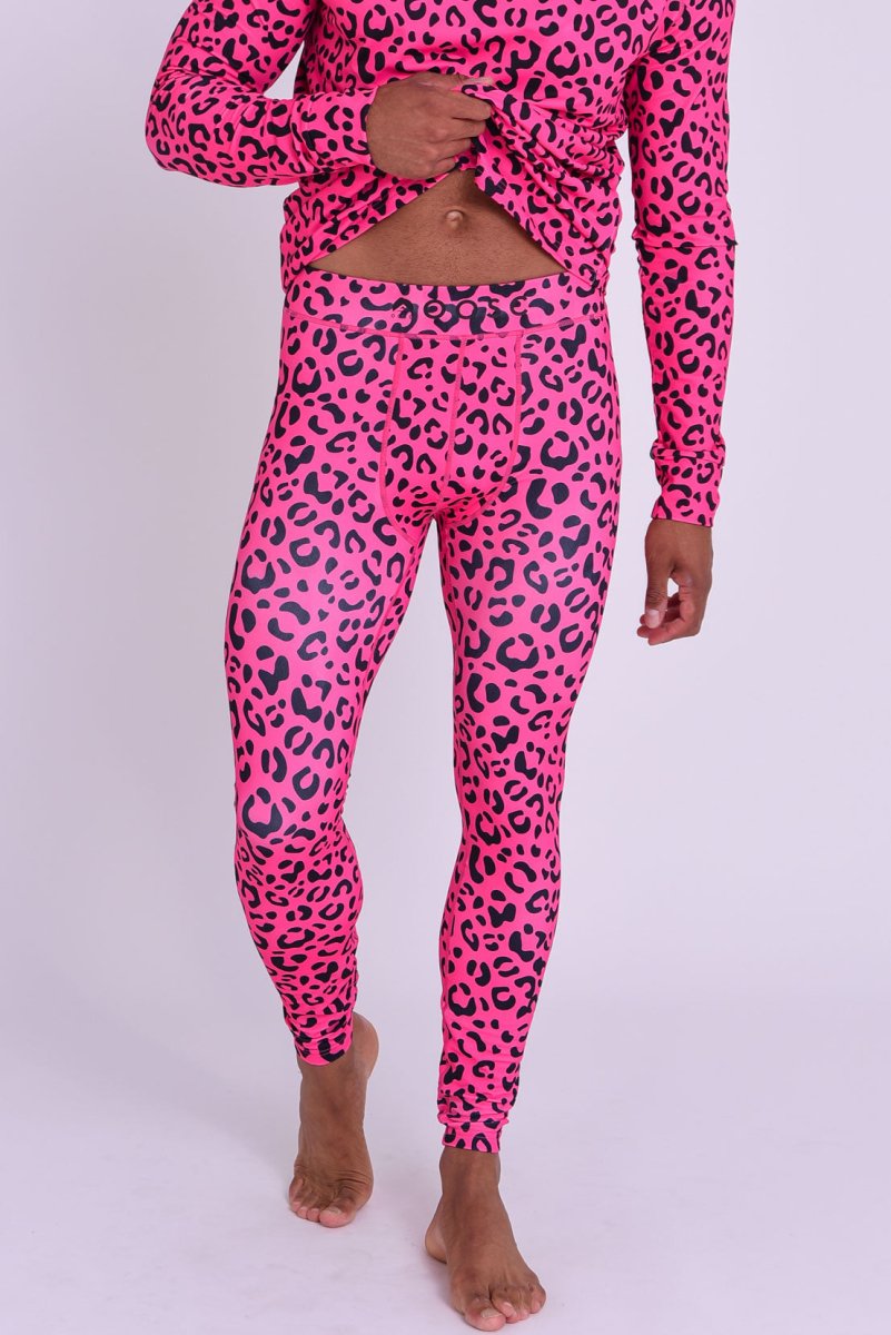 Men's Pink Leopard Print Baselayer Legging Ski Thermals OOSC