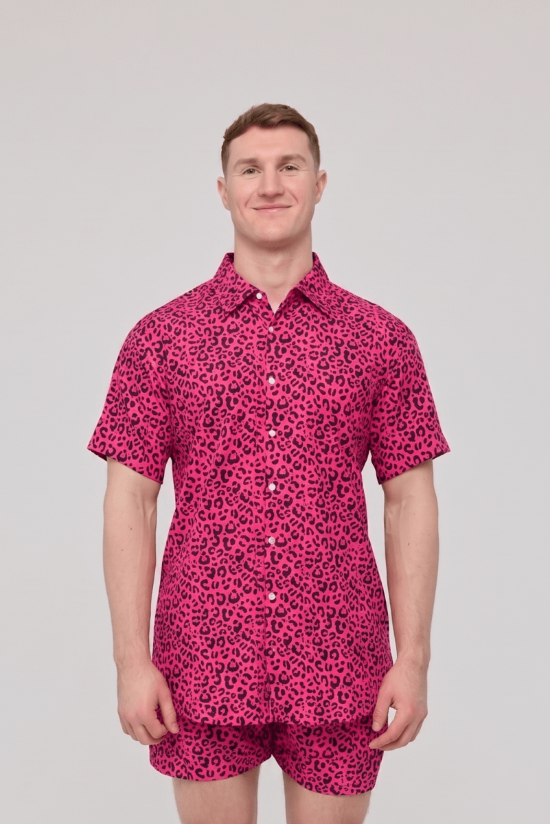 Pink Leopard Print Men's Short Sleeve Shirt - OOSC Clothing