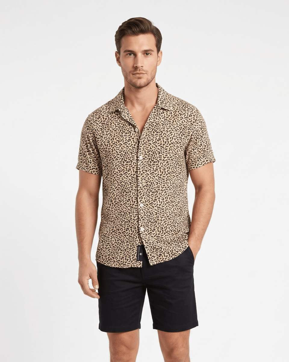 Tan Leopard Print Men's Short Sleeve Shirt - OOSC Clothing