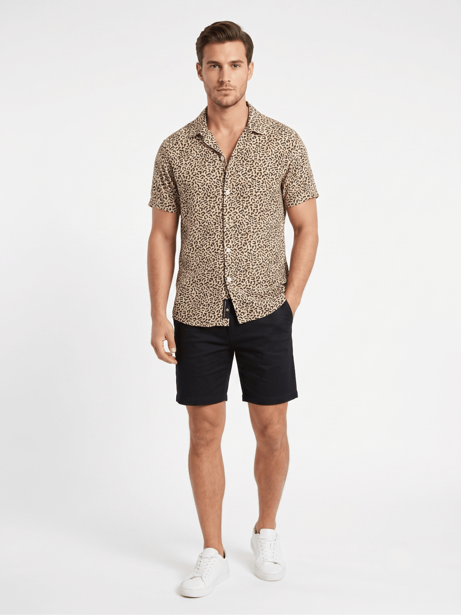 Tan Leopard Print Men's Short Sleeve Shirt - OOSC Clothing