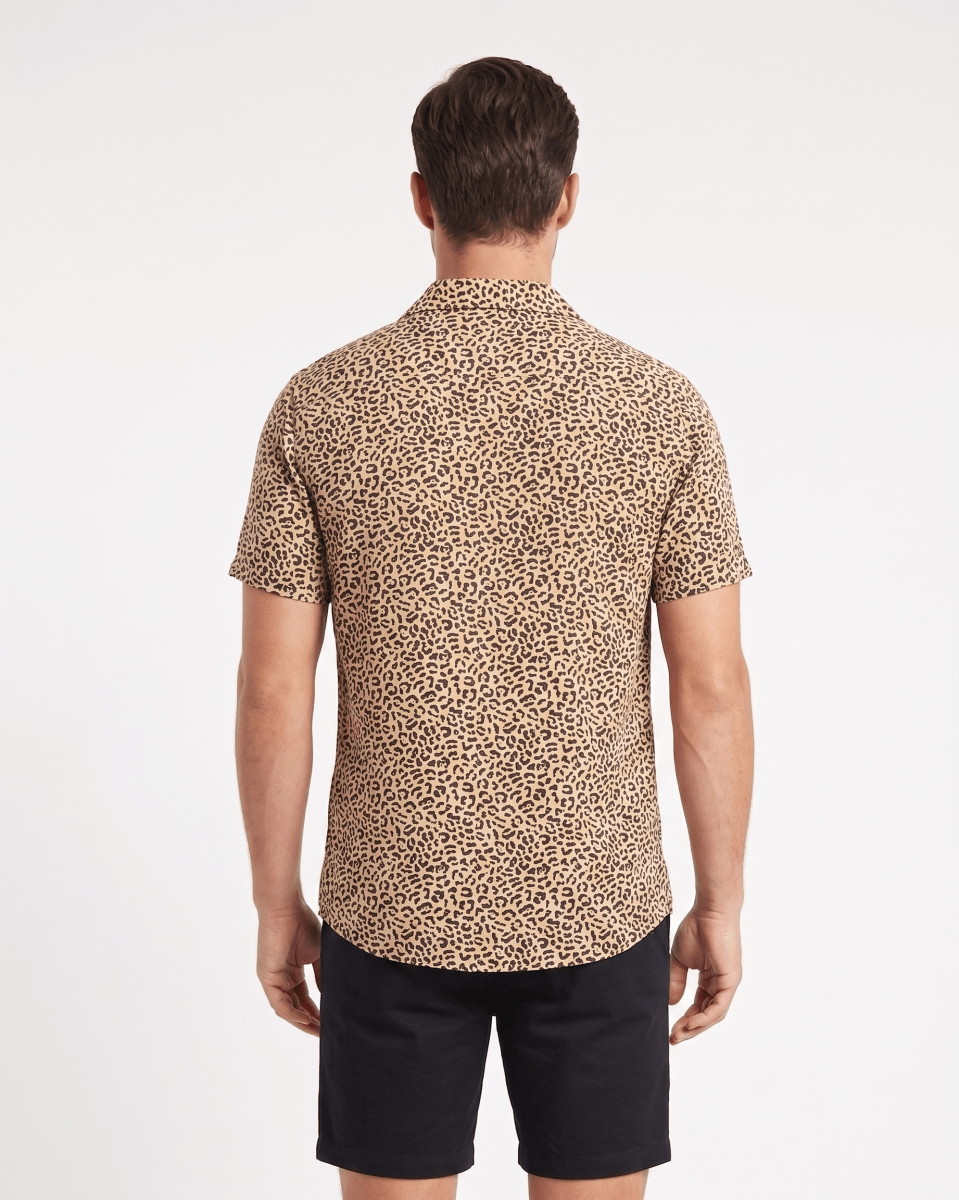 Tan Leopard Print Men's Short Sleeve Shirt - OOSC Clothing