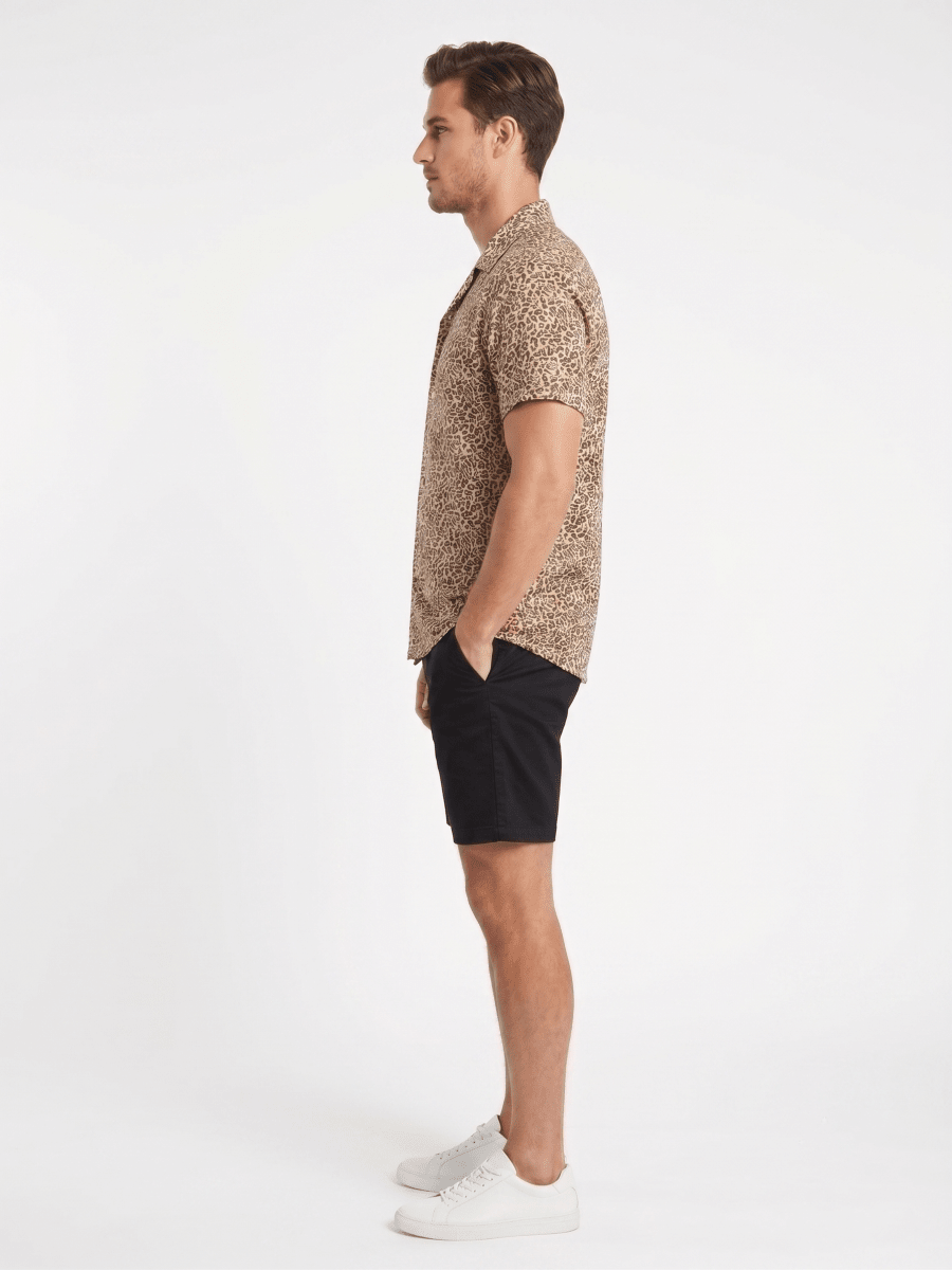 Tan Leopard Print Men's Short Sleeve Shirt - OOSC Clothing