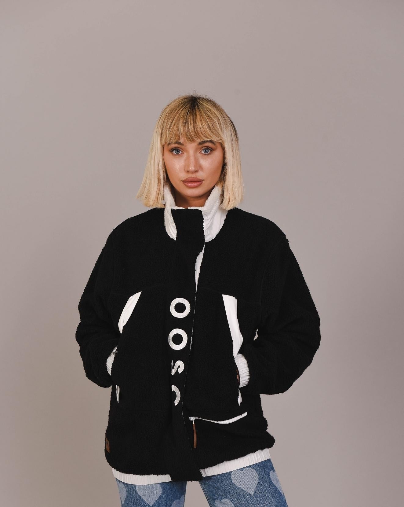 Sherpa Fleecejacke Schwarz / Weiß - Damen