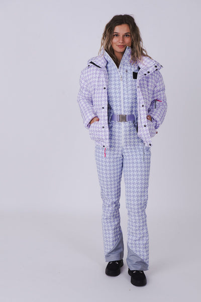 Purple Houndstooth Chic Puffer Jacket