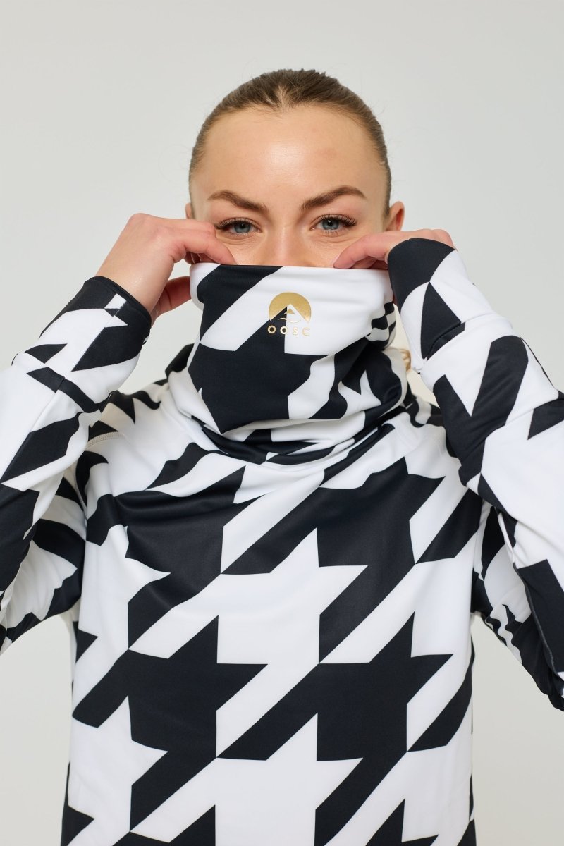 Black & White Houndstooth Women's High Neck Baselayer Top - OOSC Clothing
