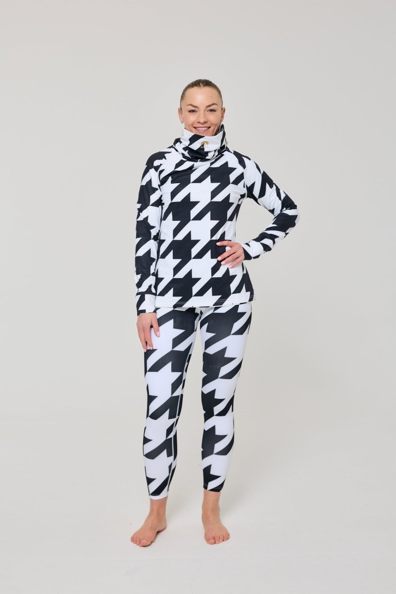 Black & White Houndstooth Women's High Neck Baselayer Top - OOSC Clothing