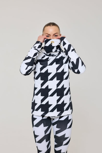 Black & White Houndstooth Women's High Neck Baselayer Top - OOSC Clothing