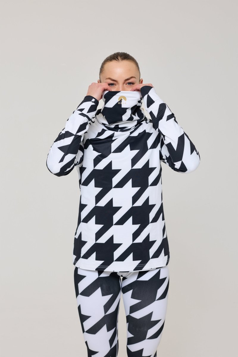 Black & White Houndstooth Women's High Neck Baselayer Top - OOSC Clothing