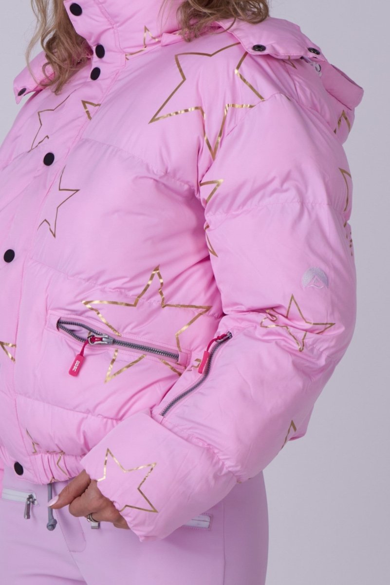 Chic Puffer Jacket - Pink with Gold Stars - OOSC Clothing