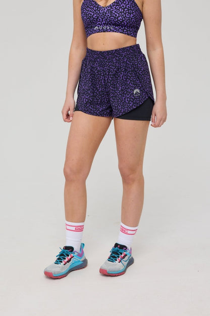 Elite 2 in 1 Running Shorts - Purple Leopard - OOSC Clothing