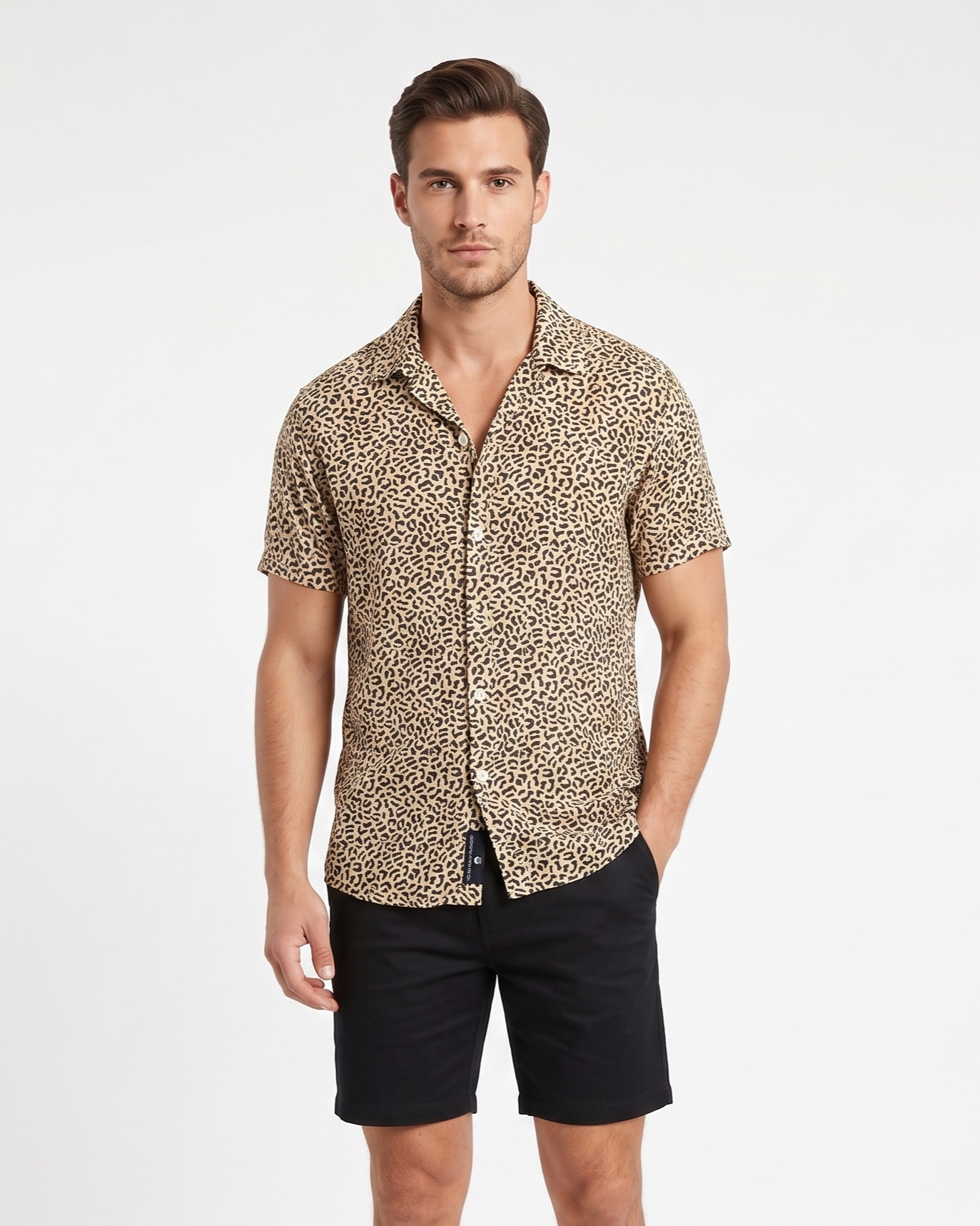 Tan Leopard Print Men's Short Sleeve Shirt