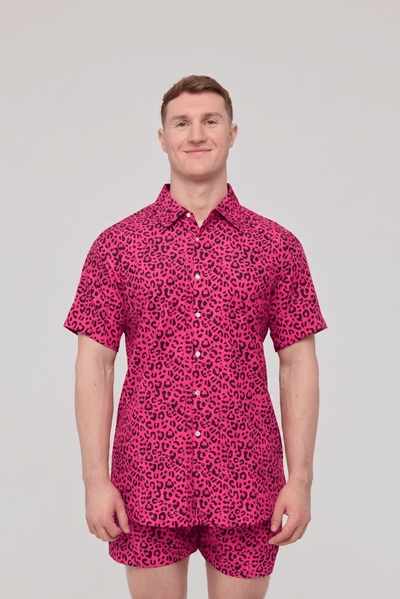 Pink Leopard Print Men's Short Sleeve Shirt - OOSC Clothing