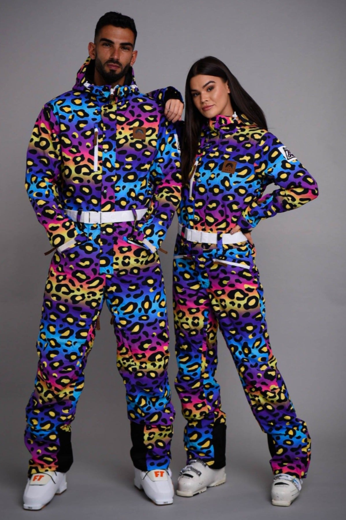 matching leopard print ski suits
