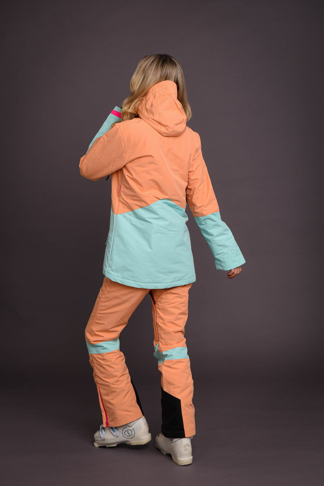 womens orange and mint snowboard outfit