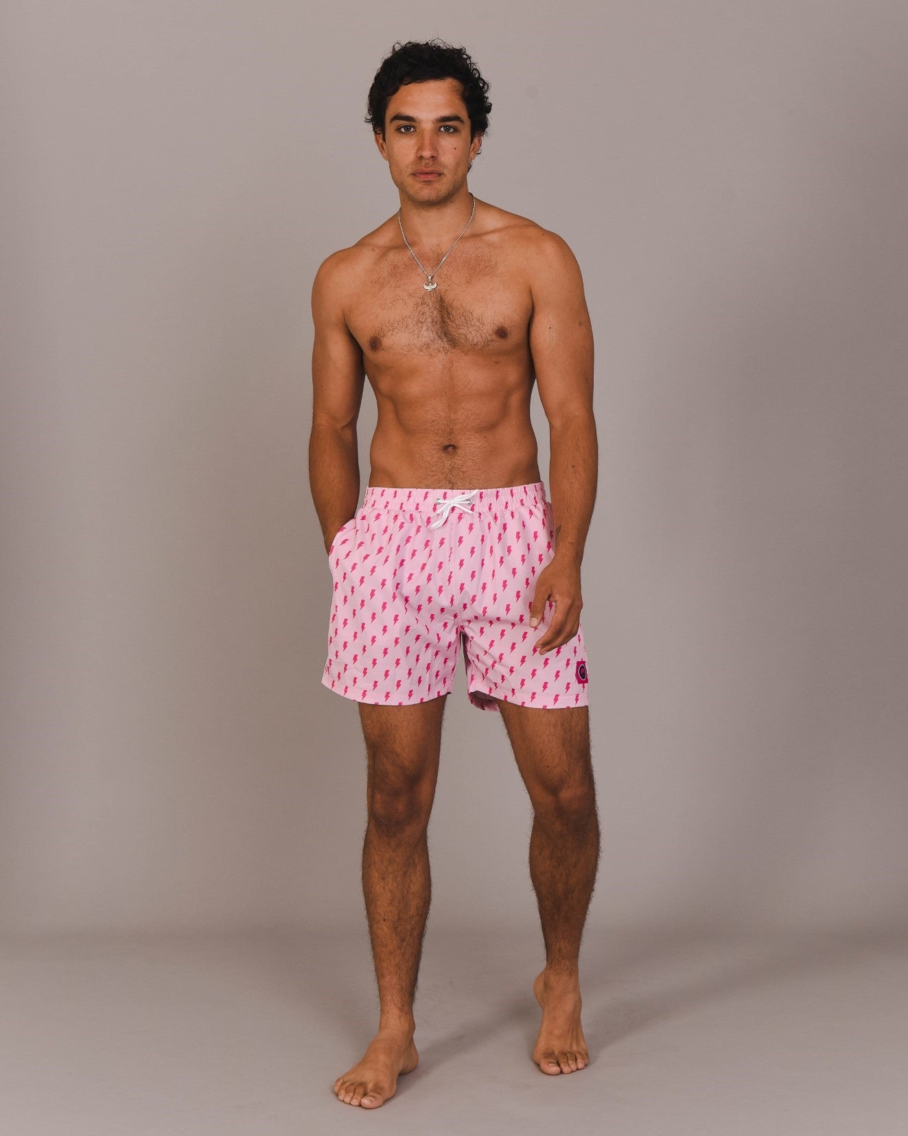 Pink Lightening Bolt Print Swim Shorts