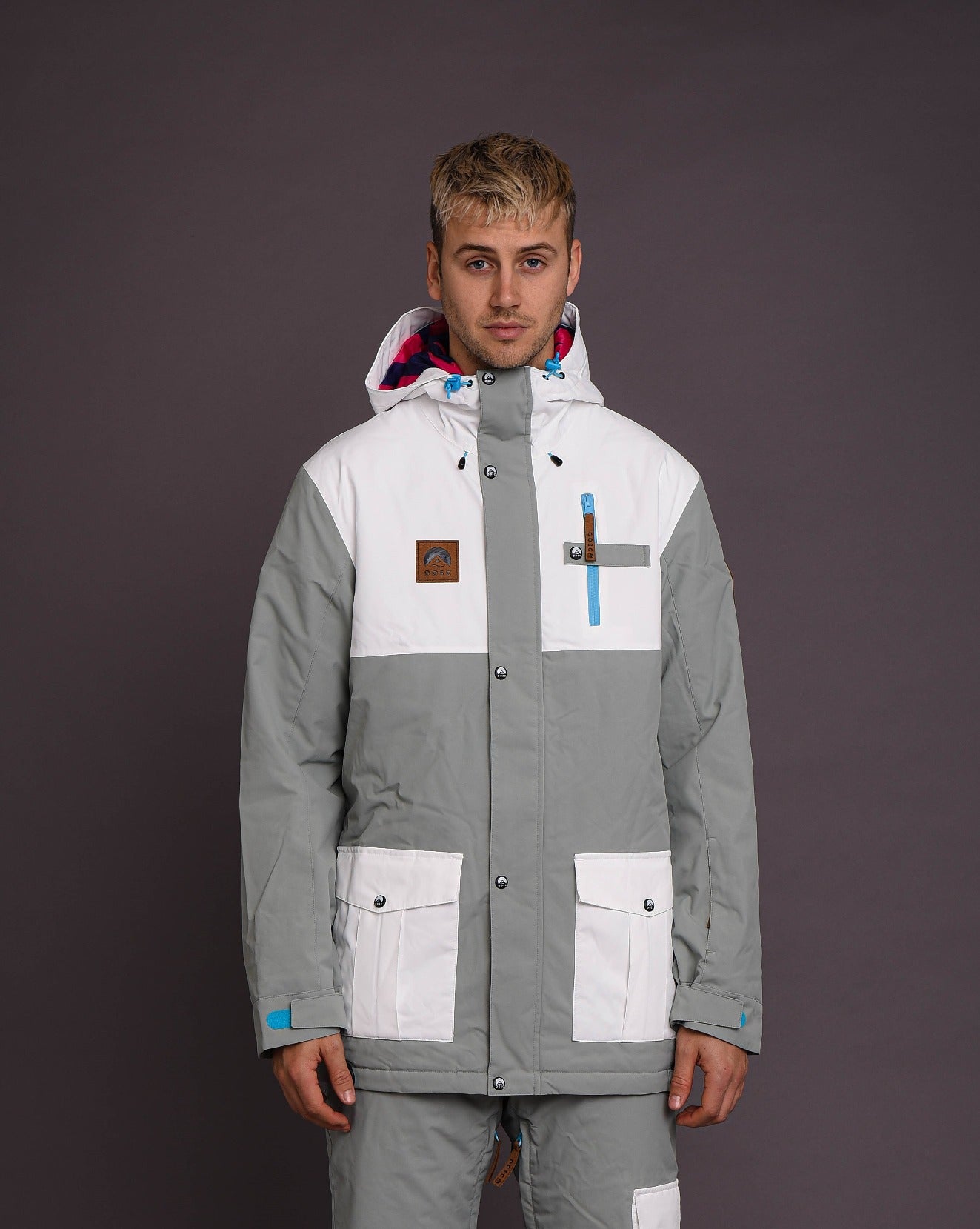 grey white ski jacket