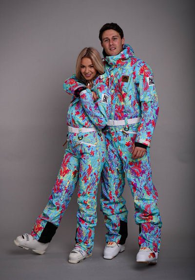matching couples neon ski onesie