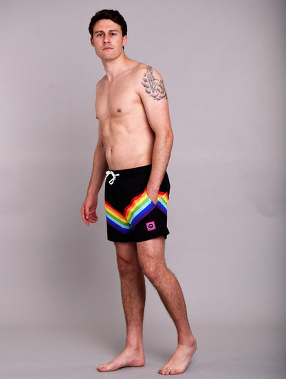 Mens Black Swim Shorts - Rainbow Chevron - Rainbow Road (side)