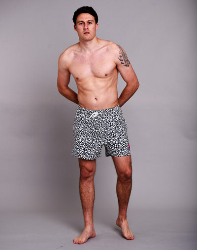 Mens White / Black Leopard Print Swim Shorts - Snow Leopard