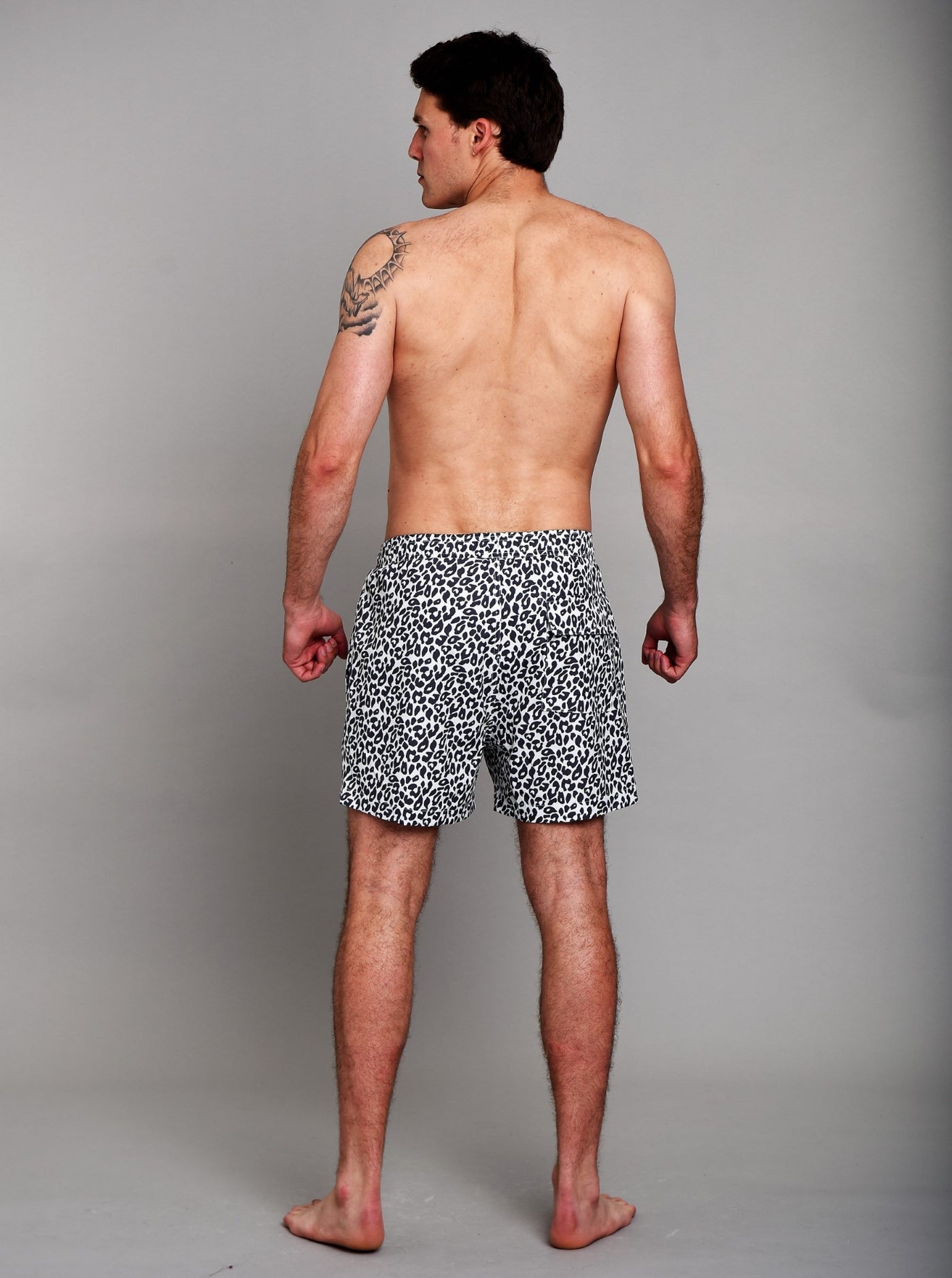 Mens White / Black Leopard Print Swim Shorts - Snow Leopard (back)