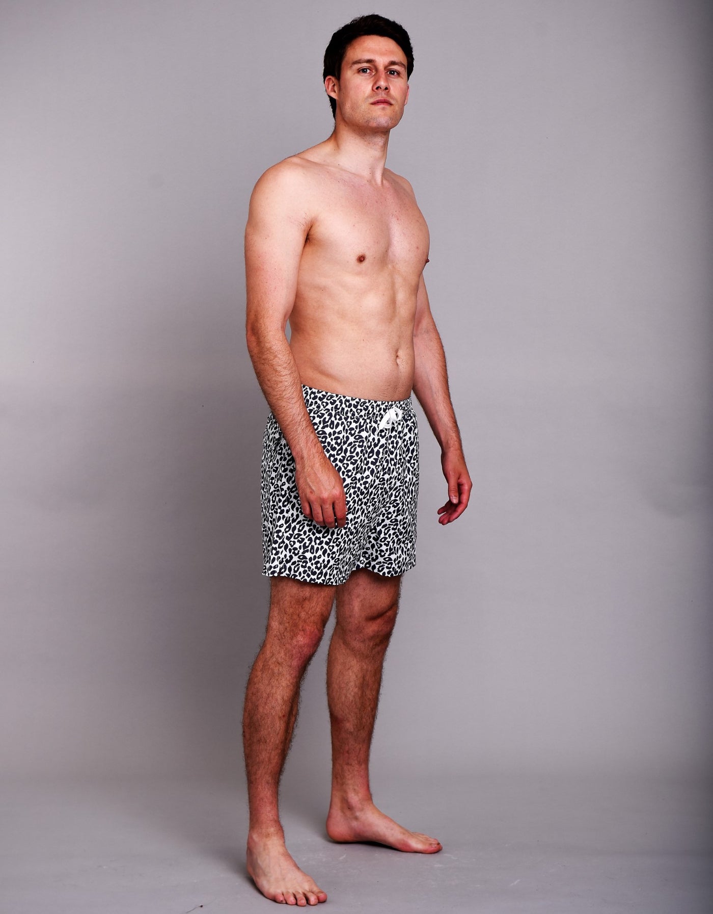Mens White / Black Leopard Print Swim Shorts - Snow Leopard