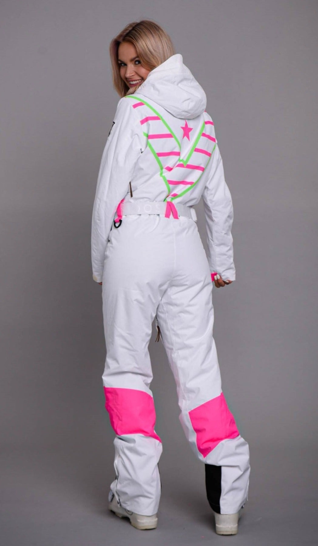 white pink ski suit