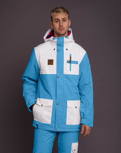 blue and white snowboard jacket