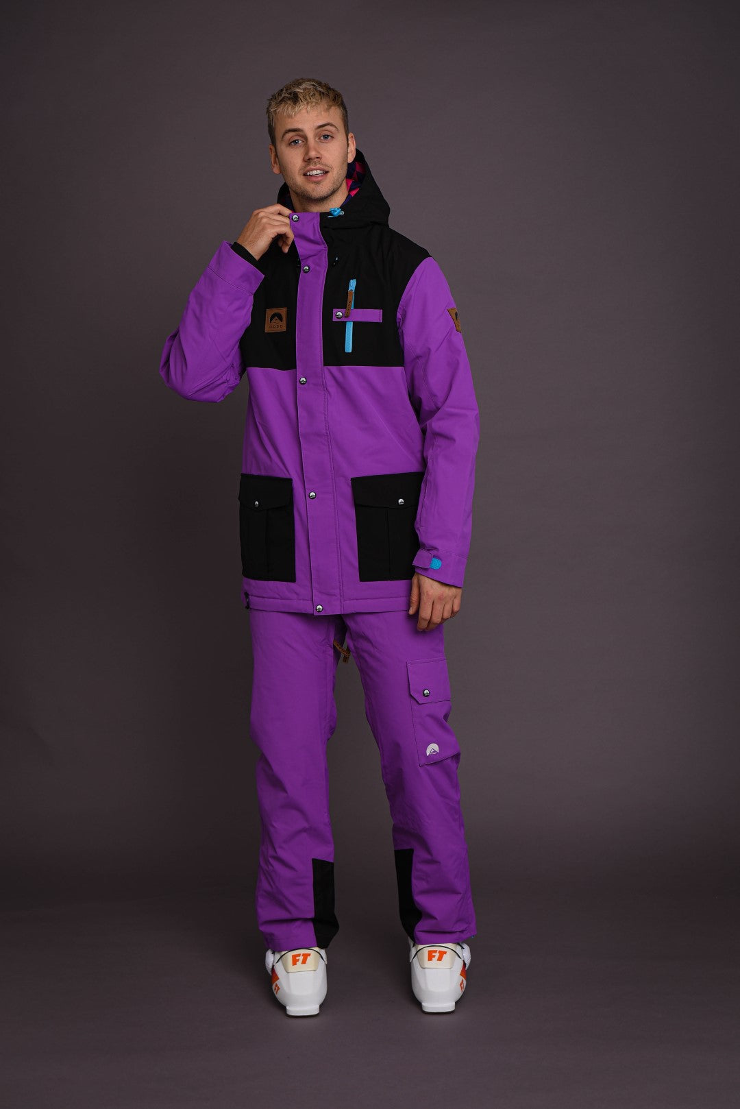 purple black ski outfit
